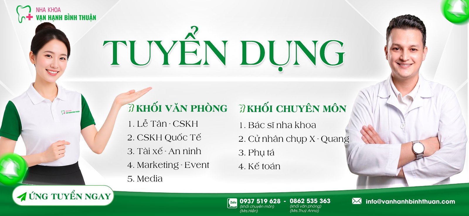 NHA KHOA VẠN HẠNH BÌNH THUẬN TUYỂN DỤNG LỄ TÂN - CSKH